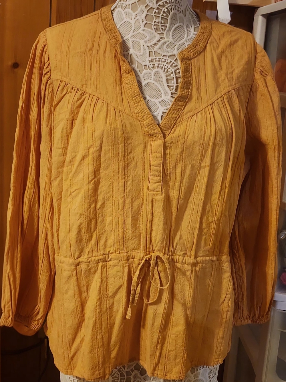 Mustard Yellow Textured Crinkle Gauze Drawstring Peasant Blouse